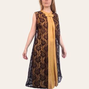 60s Vintage Brown Lace Gold Gown Party Dress Cocktail S